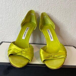 Manolo Blahnik Cloth Stiletto Heels Pump Green Open Toe Women's 39 EU/9 US